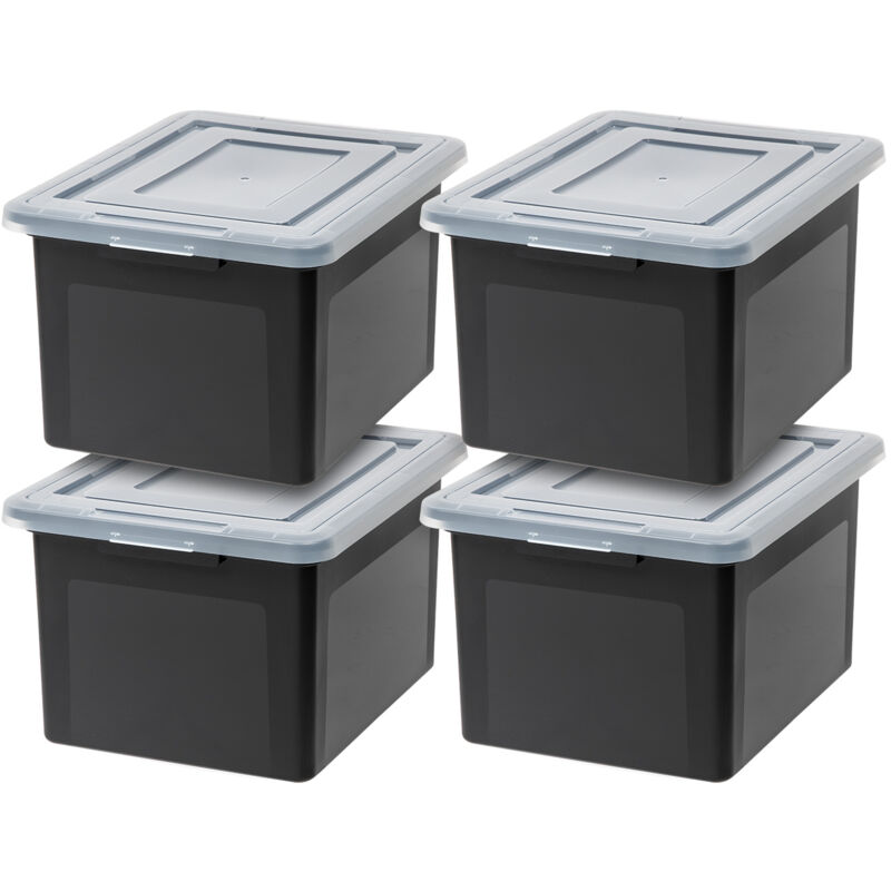 foto del prodotto iris ohyama, scatole di stoccaggio in plastica con coperchi a scatto, 45l, lotto di 4, nero, impilabile, resistente, per forniture d ufficio,