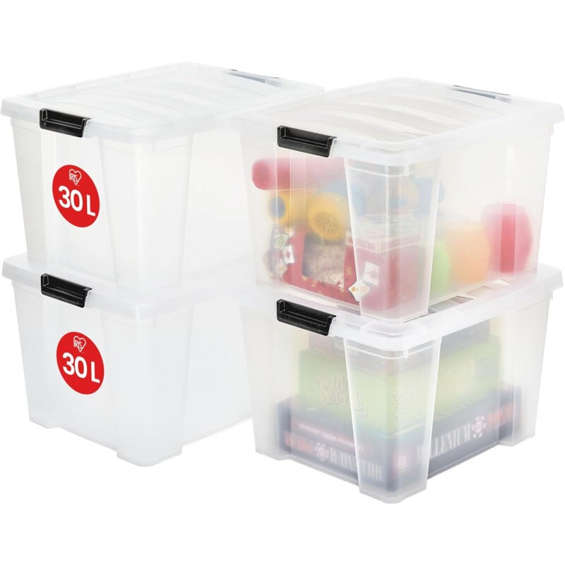 foto del prodotto iris ohyama scatole plastica con coperchio, 30l lotto di 4, impilabile, trasparenti, manico intarsiato, contenitori plastica, senza bpa,