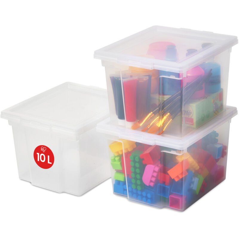 foto del prodotto iris ohyama scatole portaoggetti, 10l, set di 3, trasparente, chiusura facile, impilabile, plastica trasparente, per armadio, scaffali,