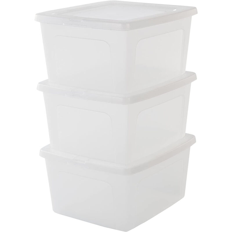 foto del prodotto iris ohyama scatole portaoggetti, 18l, set di 3, trasparente, chiusura facile, impilabile, plastica trasparente, per armadio, scaffali, scuola,