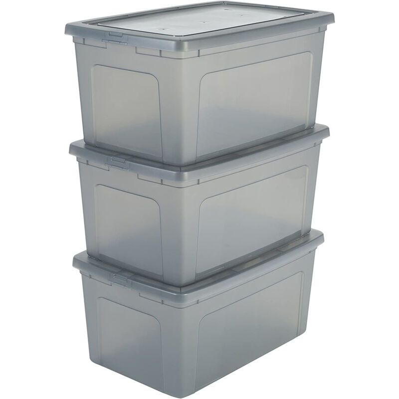 foto del prodotto iris ohyama scatole portaoggetti, 50l, set di 3, grigio, chiusura facile, impilabile, plastica trasparente, per armadio, scaffali, scuola,