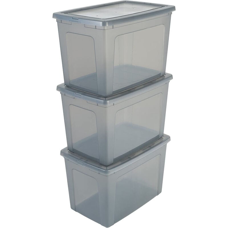 foto del prodotto iris ohyama scatole portaoggetti, 70l, set di 3, grigio, chiusura facile, impilabile, plastica trasparente, per armadio, scaffali, scuola,