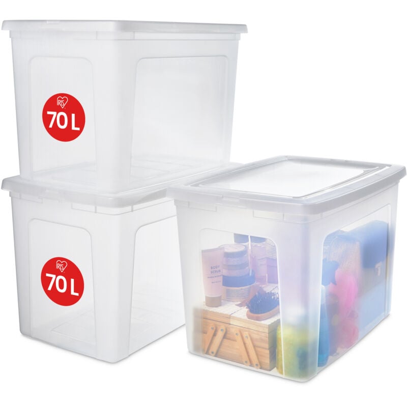 foto del prodotto iris ohyama scatole portaoggetti, 70l, set di 3, trasparente, chiusura facile, impilabile, plastica trasparente, per armadio, scaffali, scuola,