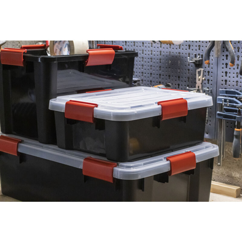 foto del prodotto iris ohyama scatole portaoggetti ermetiche in plastica, 10l, set di 4, nero, coperchio impermeabile, con chiusura, impilabile, per esterni, garage,