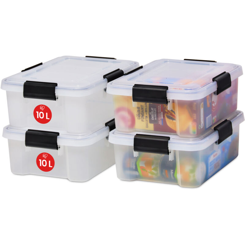 foto del prodotto iris ohyama scatole portaoggetti ermetiche in plastica, 10l, set di 4, trasparente, coperchio impermeabile, con chiusura, impilabile, per esterni,