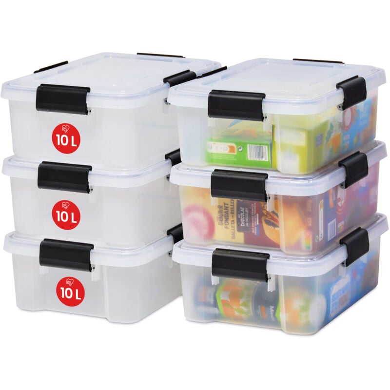 foto del prodotto iris ohyama scatole portaoggetti ermetiche in plastica, 10l, set di 6, trasparente, coperchio impermeabile, con chiusura, impilabile, per esterni,