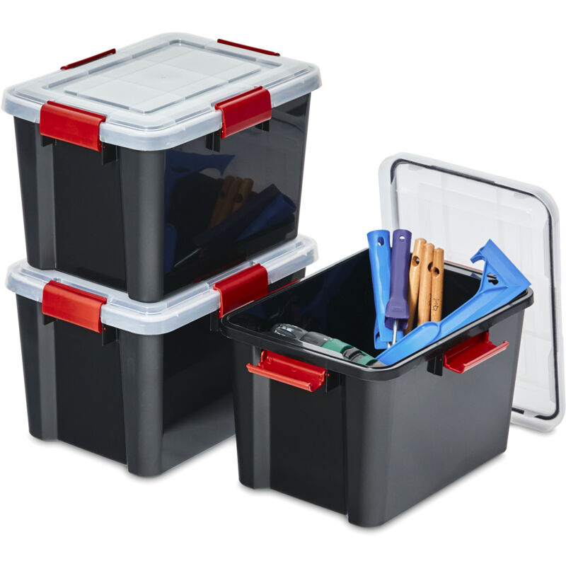 foto del prodotto iris ohyama scatole portaoggetti ermetiche in plastica, 20l, set di 3, nero, coperchio impermeabile, con chiusura, impilabile, per esterni, garage,