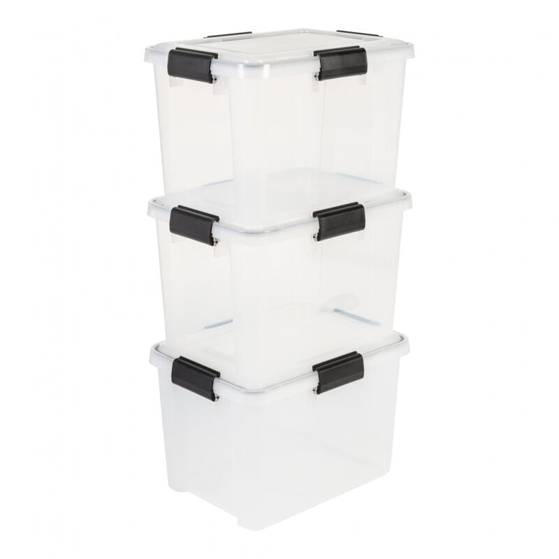 foto del prodotto iris ohyama scatole portaoggetti ermetiche in plastica, 20l, set di 3, trasparente, coperchio impermeabile, con chiusura, impilabile, per esterni,