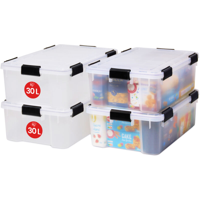 foto del prodotto iris ohyama, scatole portaoggetti ermetiche in plastica, 30l, set di 4, trasparente, coperchio impermeabile, con chiusura, impilabile, per esterni,