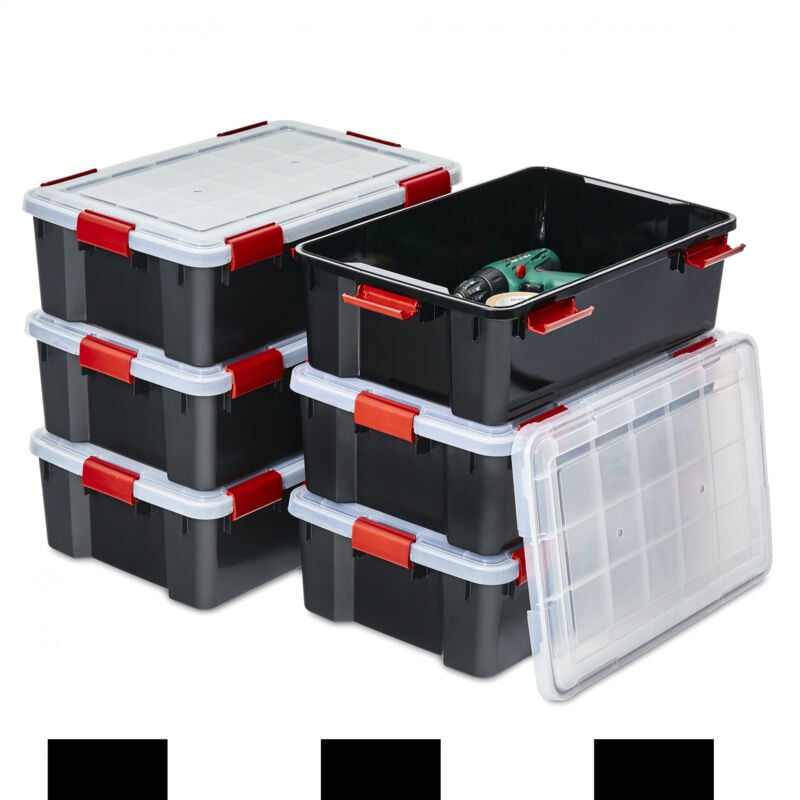 foto del prodotto iris ohyama scatole portaoggetti ermetiche in plastica, 30l, set di 6, nero, coperchio impermeabile, con chiusura, impilabile, per esterni, garage,