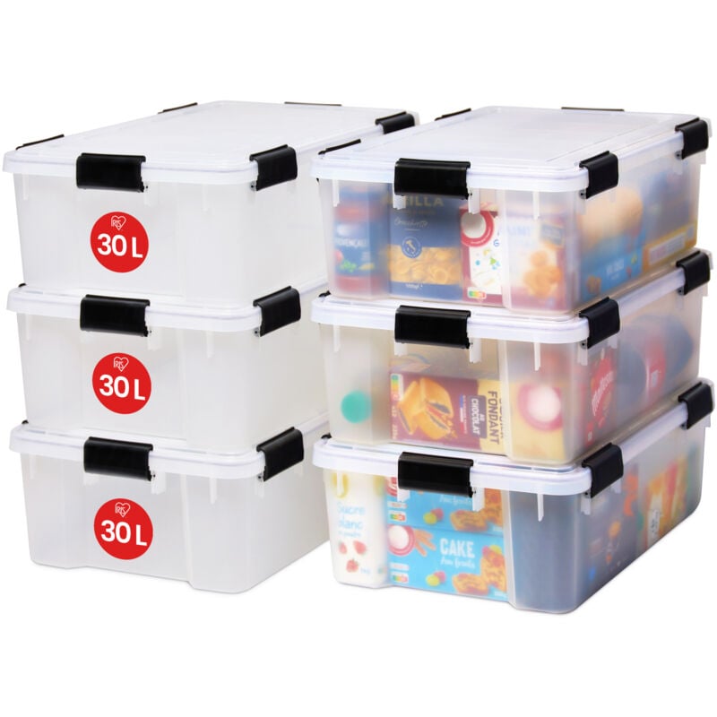 foto del prodotto iris ohyama, scatole portaoggetti ermetiche in plastica, 30l, set di 6, trasparente, coperchio impermeabile, con chiusura, impilabile, per esterni,