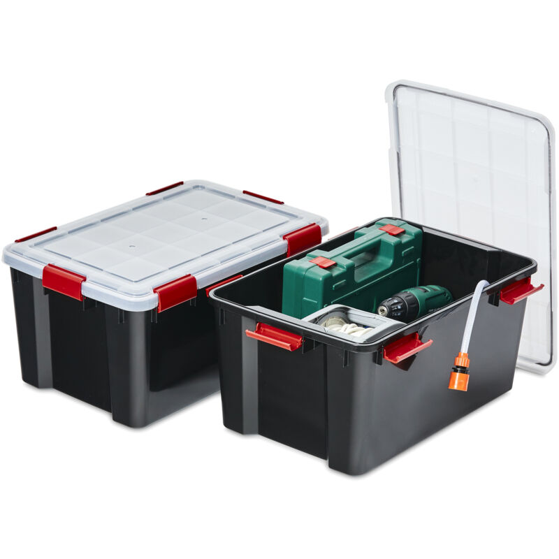 foto del prodotto iris ohyama scatole portaoggetti ermetiche in plastica, 50l, set di 2, nero, coperchio impermeabile, con chiusura, impilabile, per esterni, garage,