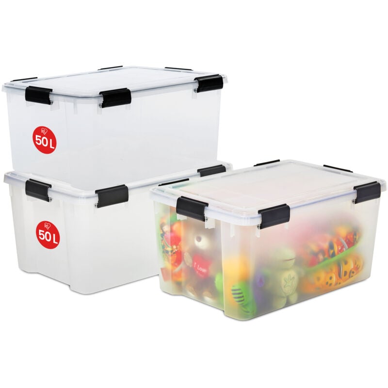foto del prodotto iris ohyama scatole portaoggetti ermetiche in plastica, 50l, set di 3, trasparente, coperchio impermeabile, con chiusura, impilabile, per esterni,