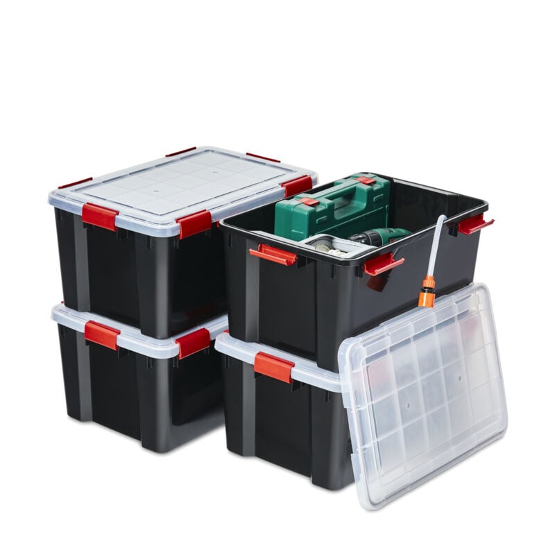 foto del prodotto iris ohyama scatole portaoggetti ermetiche in plastica, 50l, set di 4, nero, coperchio impermeabile, con chiusura, impilabile, per esterni, garage,