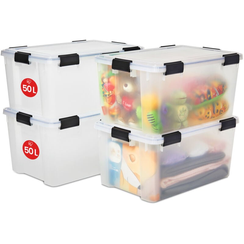 foto del prodotto iris ohyama scatole portaoggetti ermetiche in plastica, 50l, set di 4, trasparente, coperchio impermeabile, con chiusura, impilabile, per esterni,