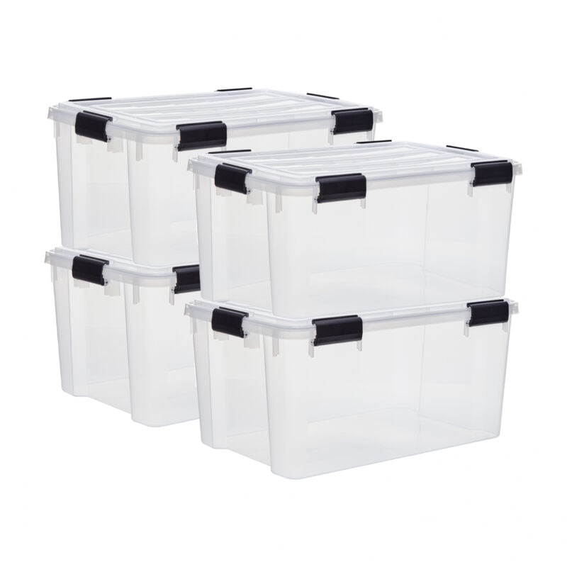 foto del prodotto iris ohyama scatole portaoggetti ermetiche in plastica, 50l, set di 4, trasparente, coperchio impermeabile, con chiusura, impilabile, per esterni,