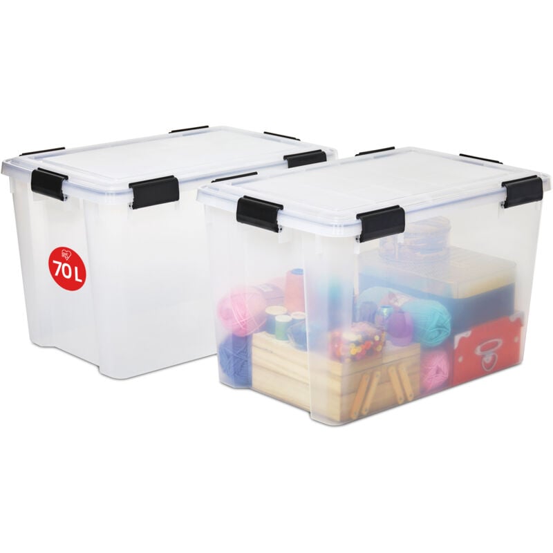 foto del prodotto iris ohyama, scatole portaoggetti ermetiche in plastica, 70l, set di 2, trasparente, coperchio impermeabile, con chiusura, impilabile, per esterni,