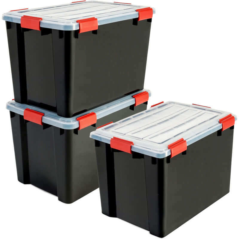 foto del prodotto iris ohyama scatole portaoggetti ermetiche in plastica, 70l, set di 3, nero, coperchio impermeabile, con chiusura, impilabile, per esterni, garage,