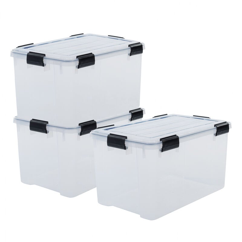 foto del prodotto iris ohyama scatole portaoggetti ermetiche in plastica, 70l, set di 3, trasparente, coperchio impermeabile, con chiusura, impilabile, per esterni,