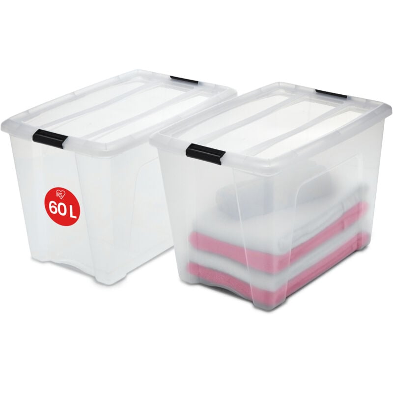 foto del prodotto iris ohyama scatole portaoggetti in con coperchio, 60l, lotto di 2, trasparente, clip di bloccaggio, empilabile, maniglia, per camera, armadio,
