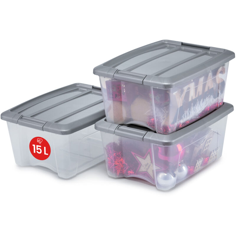 foto del prodotto iris ohyama scatole portaoggetti in plastica con coperchio, 15l, lotto di 3, argento, clip di bloccaggio, empilabile, maniglia, per camera,