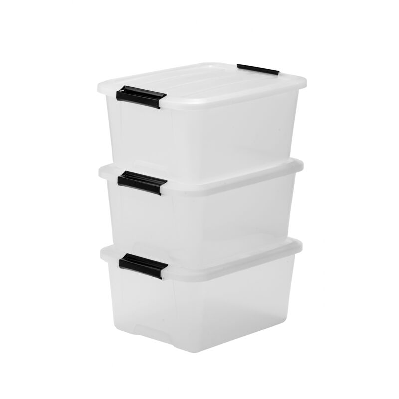 foto del prodotto iris ohyama scatole portaoggetti in plastica con coperchio, 15l, lotto di 3, trasparente, con chiusura a clip, empilabile, solido, per armadio,