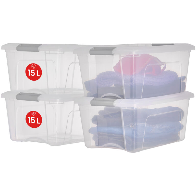 foto del prodotto iris ohyama scatole portaoggetti in plastica con coperchio, 15l, lotto di 4, argento, clip di bloccaggio, empilabile, maniglia, per camera,