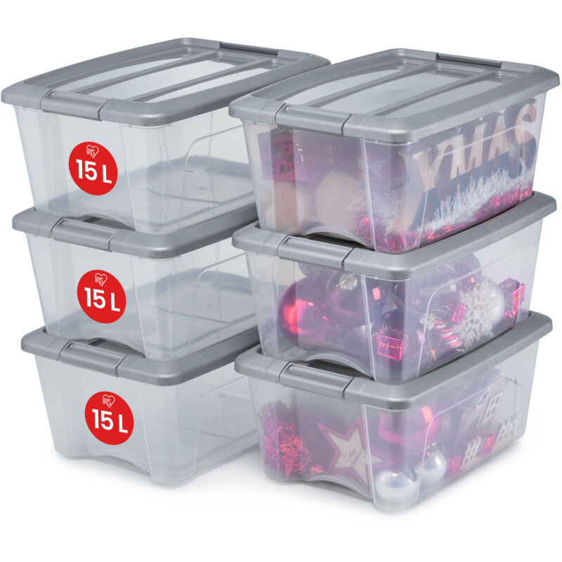 foto del prodotto iris ohyama scatole portaoggetti in plastica con coperchio, 15l, lotto di 6, argento, clip di bloccaggio, empilabile, maniglia, per camera,