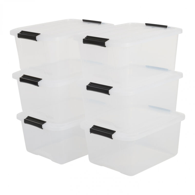 foto del prodotto iris ohyama scatole portaoggetti in plastica con coperchio, 15l, lotto di 6, trasparente, con chiusura a clip, empilabile, solido, per armadio,