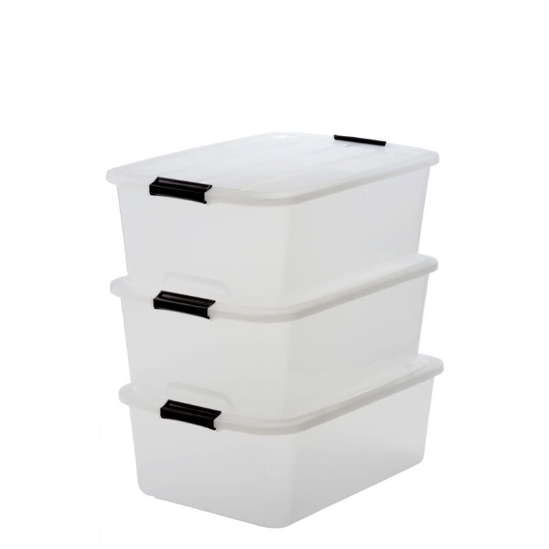 foto del prodotto iris ohyama scatole portaoggetti in plastica con coperchio, 30l, lotto di 3, trasparente, con chiusura a clip, empilabile, solido, per armadio,