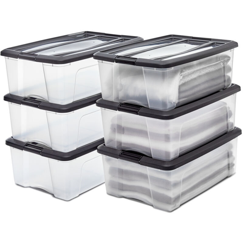foto del prodotto iris ohyama scatole portaoggetti in plastica con coperchio, 30l, lotto di 6, nero, clip di bloccaggio, empilabile, maniglia, per camera, armadio,