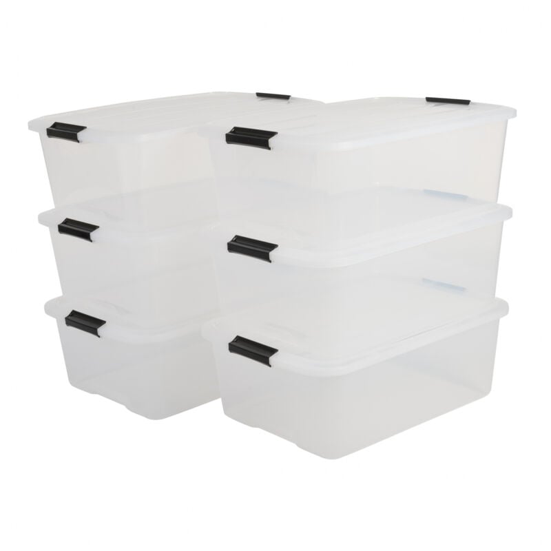 foto del prodotto iris ohyama scatole portaoggetti in plastica con coperchio, 30l, lotto di 6, trasparente, con chiusura a clip, empilabile, solido, per armadio,