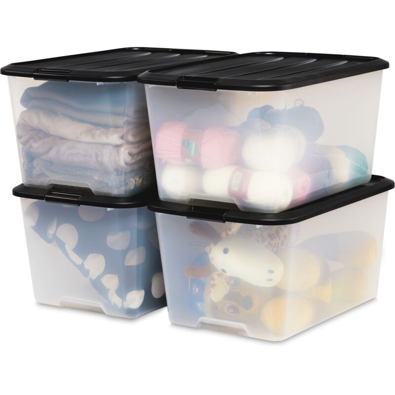 foto del prodotto iris ohyama scatole portaoggetti in plastica con coperchio, 45l, lotto di 4, nero, con chiusura a clip, empilabile, solido, per armadio, garage,