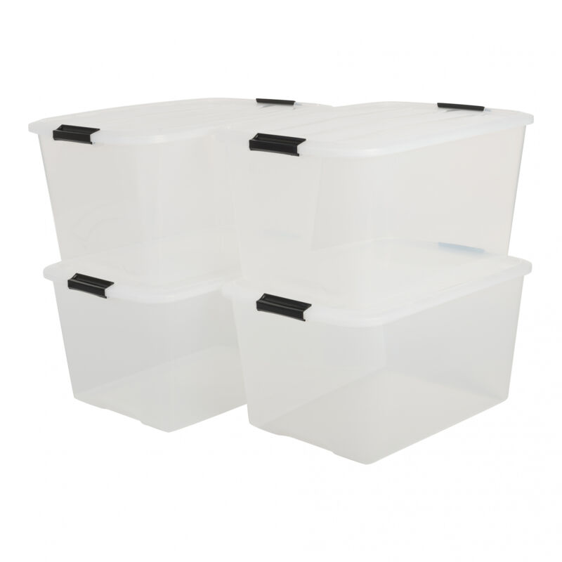 foto del prodotto iris ohyama scatole portaoggetti in plastica con coperchio, 45l, lotto di 4, trasparente, con chiusura a clip, empilabile, solido, per armadio,