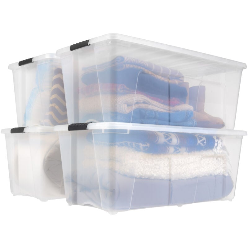 foto del prodotto iris ohyama scatole portaoggetti in plastica con coperchio, 45l, lotto di 4, trasparente, con chiusura a clip, empilabile, solido, per armadio,