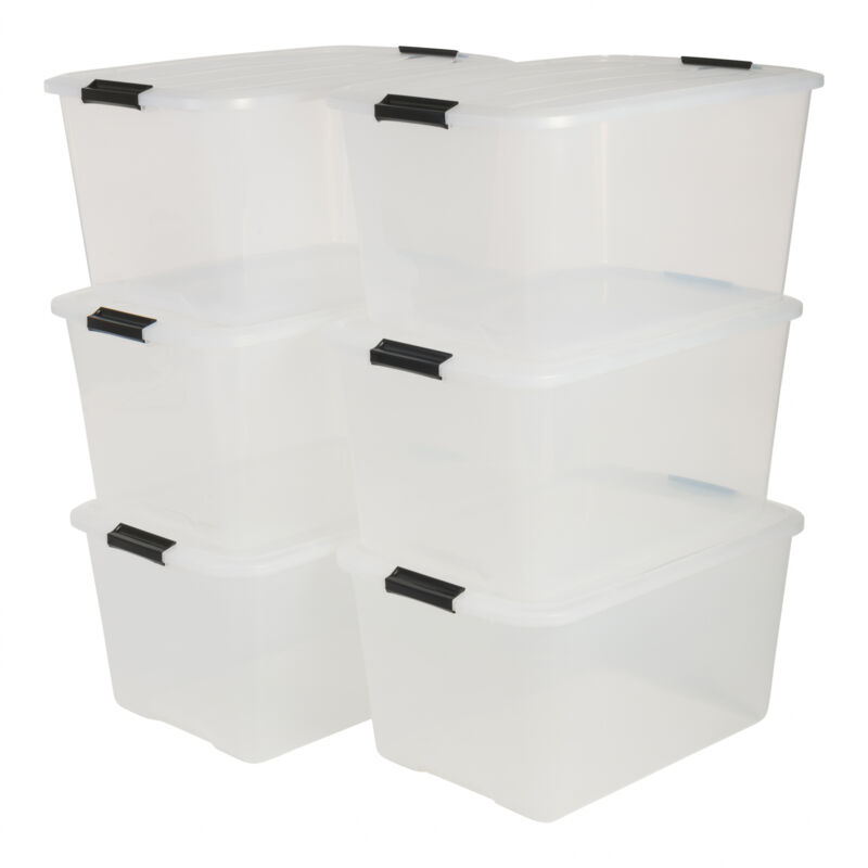 foto del prodotto iris ohyama scatole portaoggetti in plastica con coperchio, 45l, lotto di 6, trasparente, con chiusura a clip, empilabile, solido, per armadio,