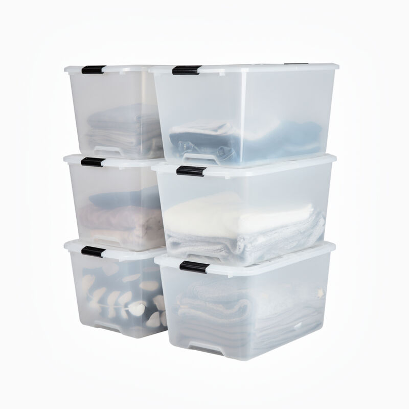 foto del prodotto iris ohyama scatole portaoggetti in plastica con coperchio, 45l, lotto di 6, trasparente, con chiusura a clip, empilabile, solido, per armadio,