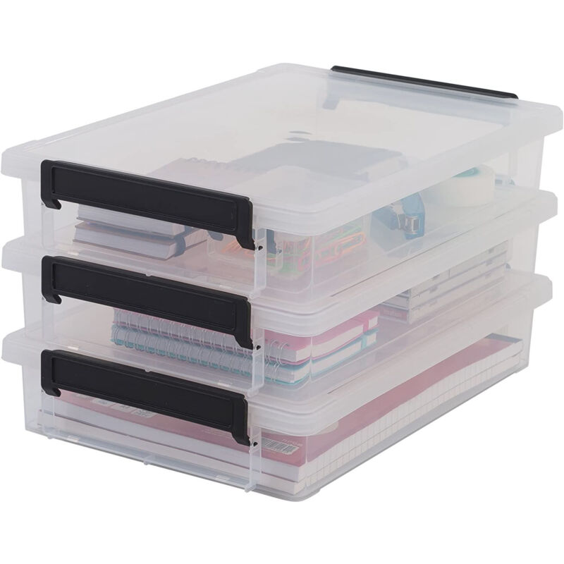 foto del prodotto iris ohyama scatole portaoggetti in plastica con coperchio, 4l, lotto di 3, trasparente, con chiusura a clip, empilabile, per ufficio, artigianato,