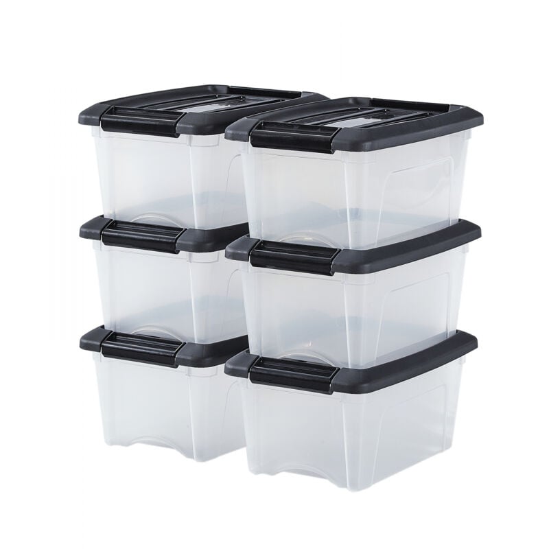 foto del prodotto iris ohyama scatole portaoggetti in plastica con coperchio, 5l, lotto di 6, nero, clip di bloccaggio, empilabile, maniglia, per camera, armadio,
