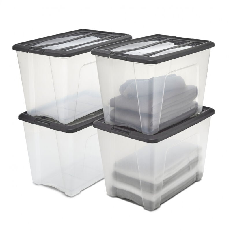 foto del prodotto iris ohyama scatole portaoggetti in plastica con coperchio, 60l, lotto di 4, nero, clip di bloccaggio, empilabile, maniglia, per camera, armadio,