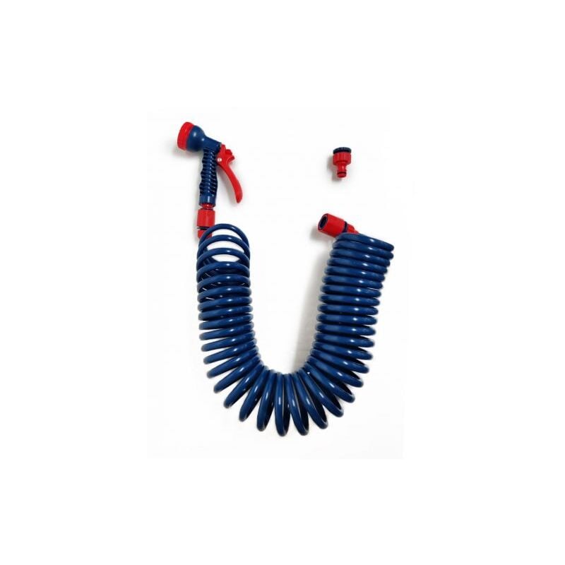foto del prodotto iris - tubo irrigazione allungabile da 15 metri a spirale con pistola multifunzione 8 getti e raccordi brixo nilo