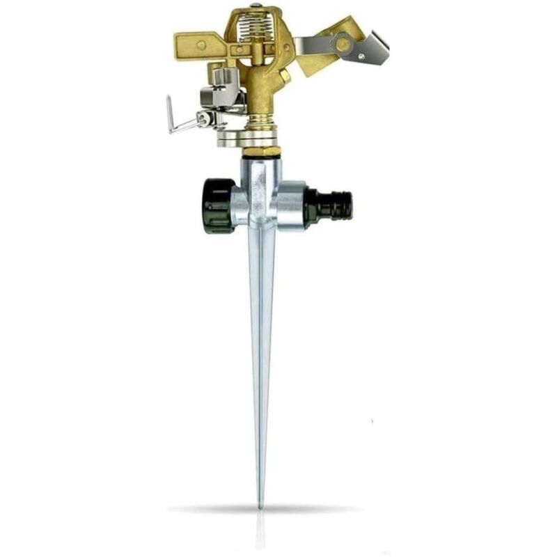 foto del prodotto irrigatore da giardino, irrigatore per prato a 360 gradi, irrigatore a impatto per irrigazione con punta in metallo per annaffiare piante, fiori,