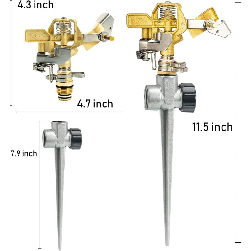 foto del prodotto irrigatore per prato a impatto in ottone applicabile per patio, testa irrigatore pulsante regolabile per carichi pesanti, base a punta in alluminio,