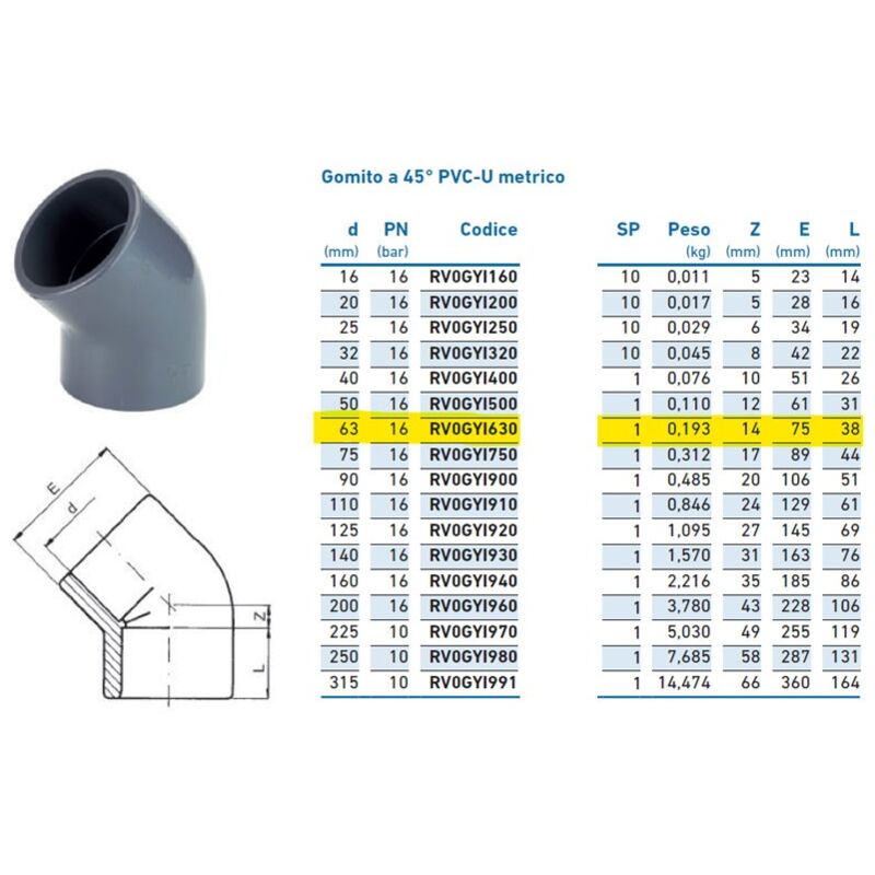 foto del prodotto irritec gomito a 45 pvc u metrico 63 pn16 per incollaggio inpfgy163000 