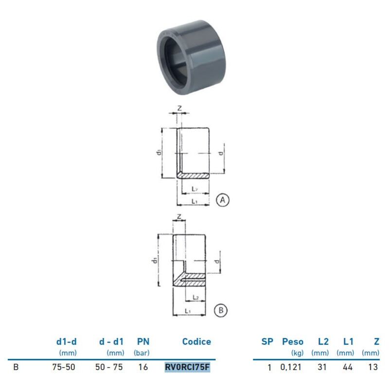 foto del prodotto irritec riduzione m f corta pvc u metrico 75x50 inpfrc175f00 