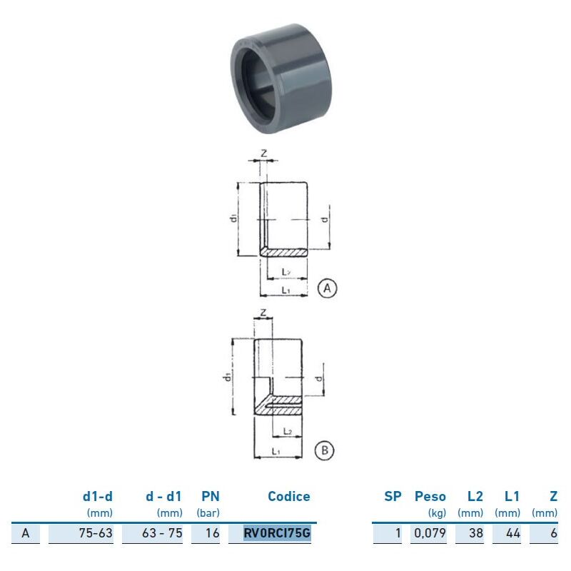 foto del prodotto irritec riduzione m f corta pvc u metrico 75x63 inpfrc175g00 