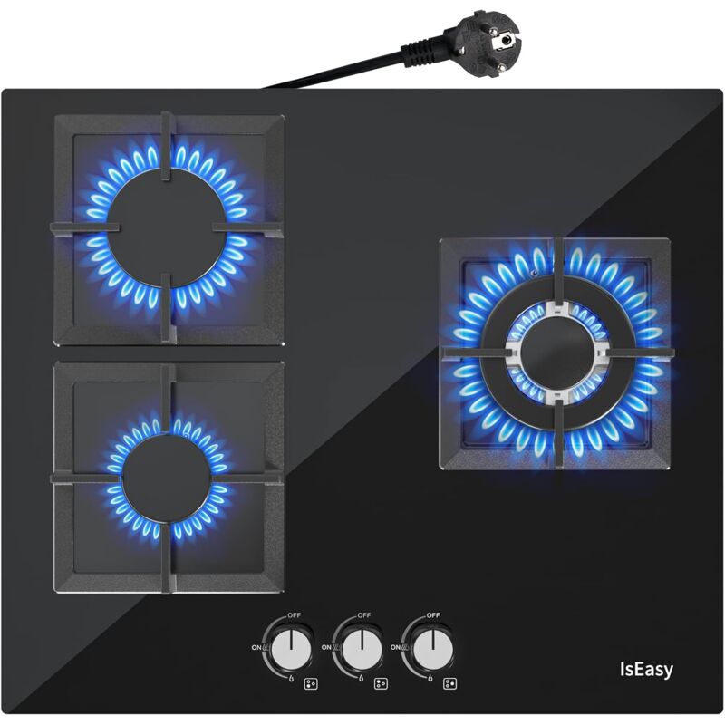 foto del prodotto iseasy piano cottura, autosufficiente, a incasso, per gas naturale propano, sicurezza tramite termocoppia 3 fuochi quadrato vetro 