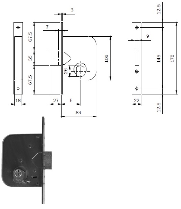 foto del prodotto iseo 601450 serratura x cancelli mm.45 2mandate da 10 mm.