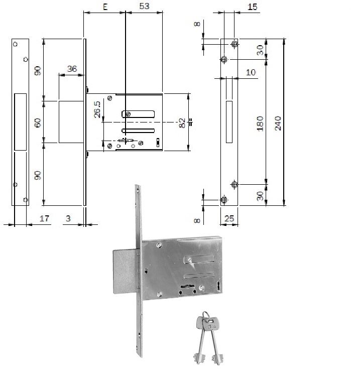 foto del prodotto iseo 661704n serratura x inferriate d.mappa 4 mandate mm.70
