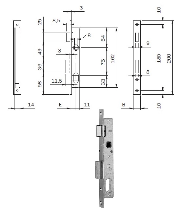 foto del prodotto iseo 7501510 serratura inf. x montanti front. mm.16 c/scrocc